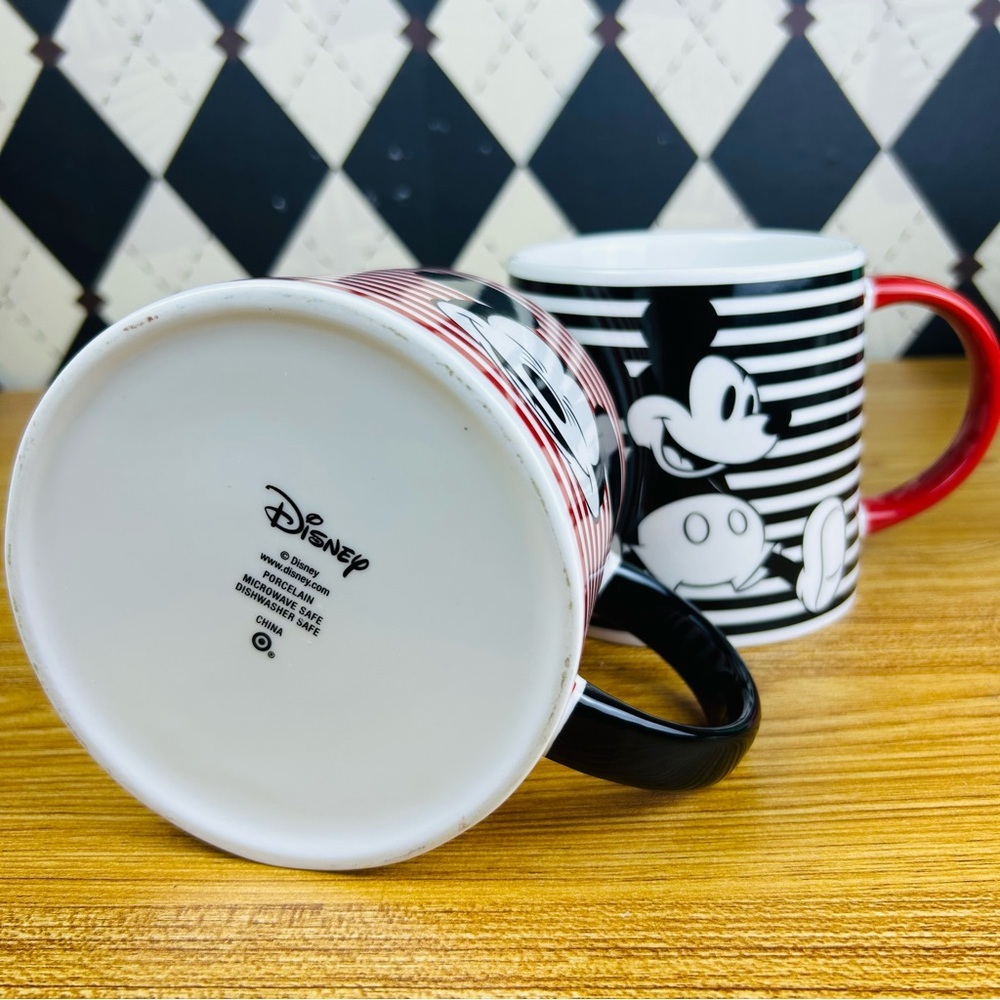 Mickey Mouse Striped Ceramic Mugs, Set of 2 Disney Graphic Black Red‎ Cups - Picture 5 of 8